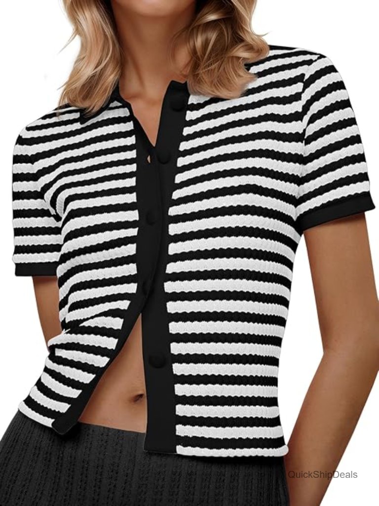 Striped Short Sleeve Sweater Tops Polo Collared Button Crochet Summer Cropped